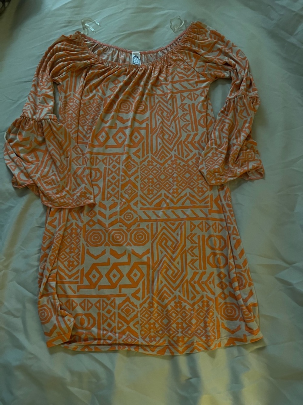 Off-Shoulder Midi Dress in Orange Geo Print